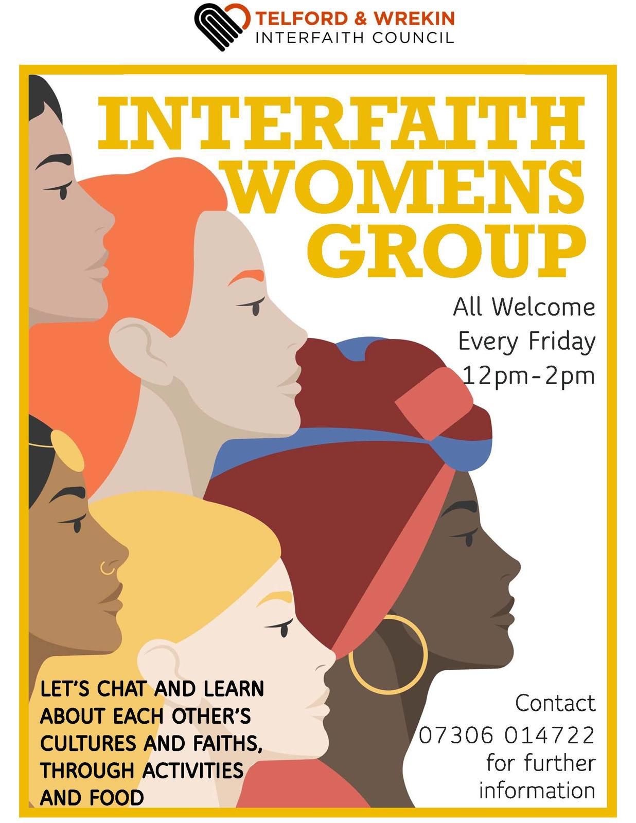 Interfaith Women's Group poster showing illustrated profiles of women from many backgrounds
