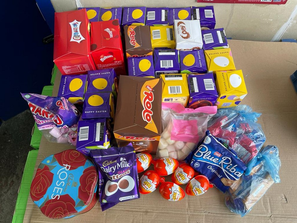 Easter eggs and chocolate treats sorted for delivery during the 2024 Easter Egg Project