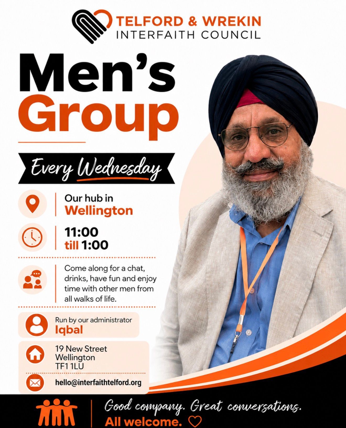 Men's Group poster showing a smiling member in a turban, with details of the weekly Wednesday session at the Council's hub in Wellington